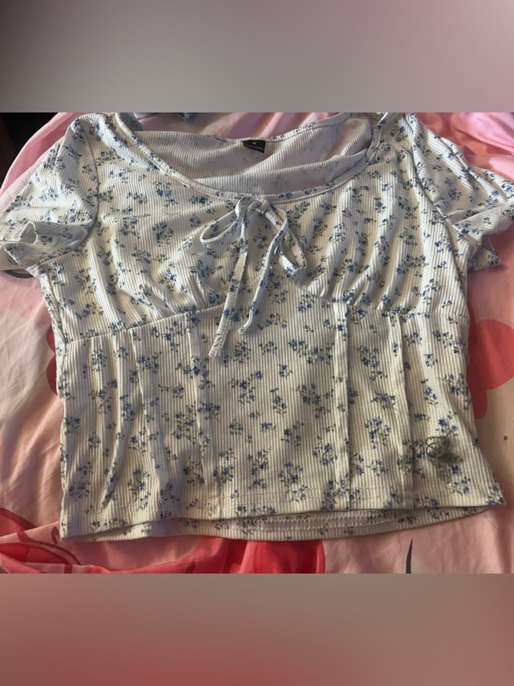 Sweet Floral Tie-Front Ribbed Crop Top - Blue Floral
